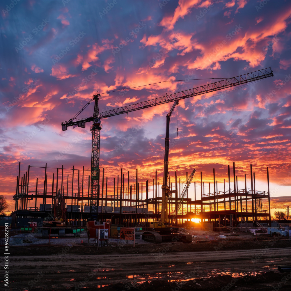 Cranes rise against a vibrant sunset, as steel beams take shape, forming the skeleton of a new building. Its structure is a testament to the hard work and machinery at the construction site. Cranes rise against a vibrant sunset, as steel beams take shape, forming the skeleton of a new building. Its structure is a testament to the hard work and machinery at the construction site.