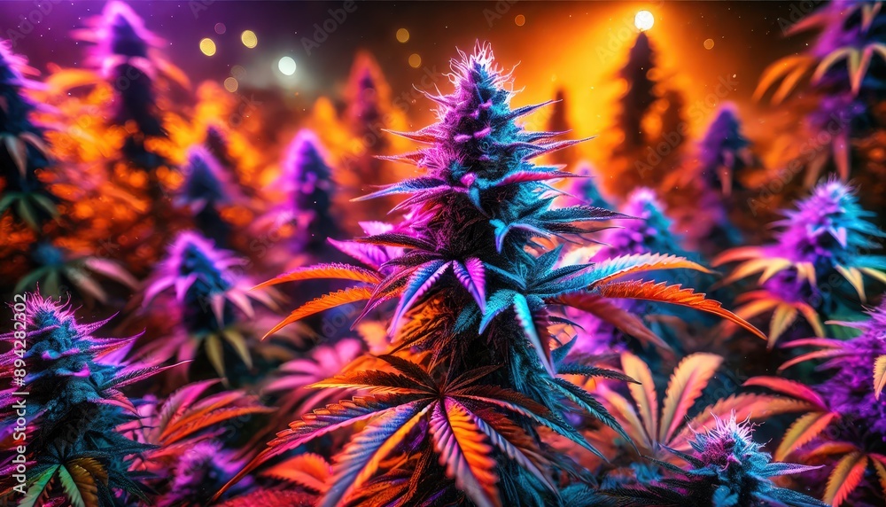 Cannabis plant with purple and green leaves, sharp and bright flowers Cannabis plant with purple and green leaves, sharp and bright flowers