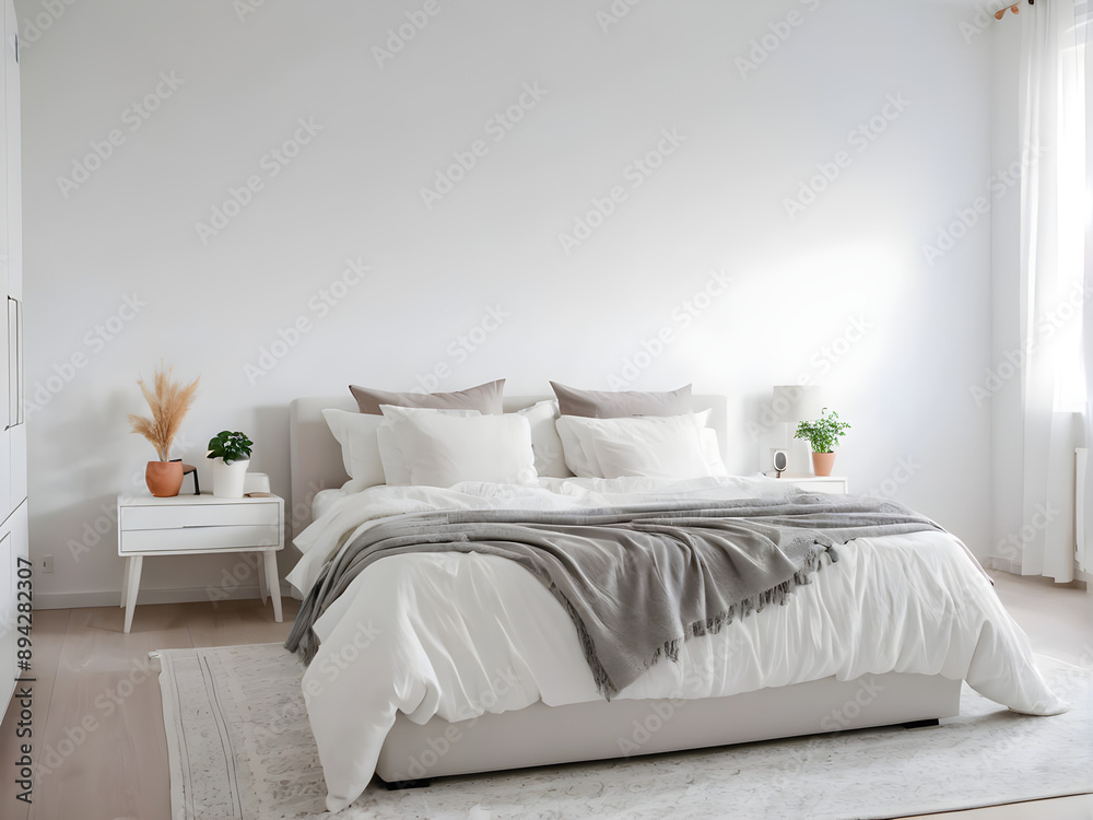 Front View Of Cozy Bed In Modern Bedroom With White Walls And Furniture Indoors. Minimalistic Interior Design Concept. Shot Of Spacious Light Room. Domestic Comfort. No People Front View Of Cozy Bed In Modern Bedroom With White Walls And Furniture Indoors. Minimalistic Interior Design Concept. Shot Of Spacious Light Room. Domestic Comfort. No People