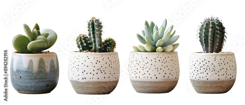 collection Set of 4 different mixed cactus and succulents types of small mini plant in modern ceramic nordic vase pot as furniture cutouts isolated on transparent background