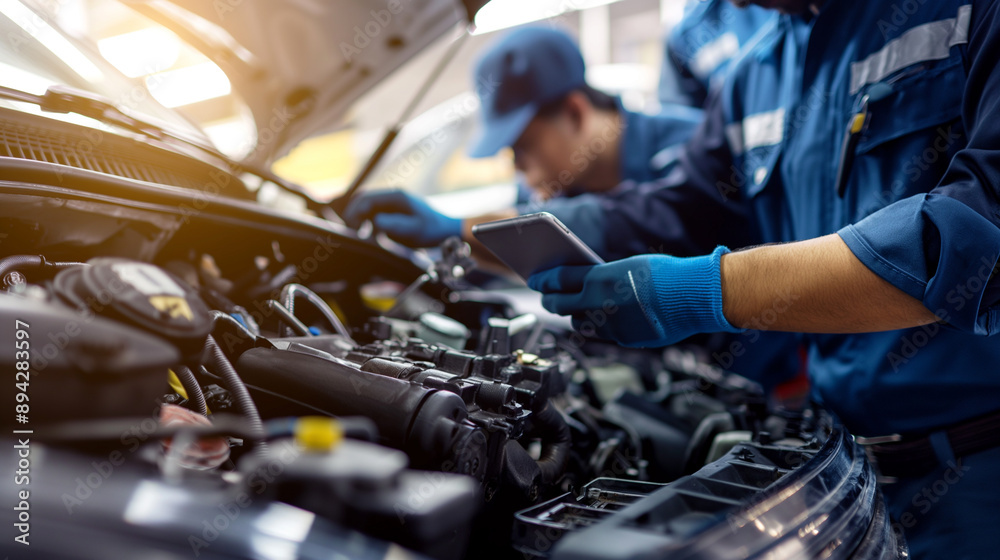 Mechanics using a tablet to inspect a car engine in a garage. Mechanics using a tablet to inspect a car engine in a garage.
