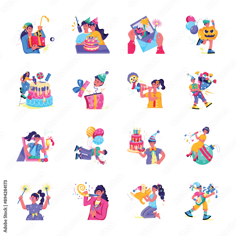 Fototapeta premium Collection of Birthday Celebration Flat Illustrations