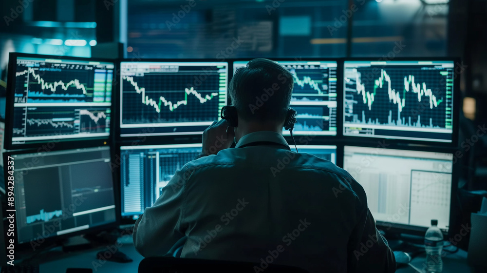 Businessman monitoring stock market data on multiple screens in a trading room. Businessman monitoring stock market data on multiple screens in a trading room.