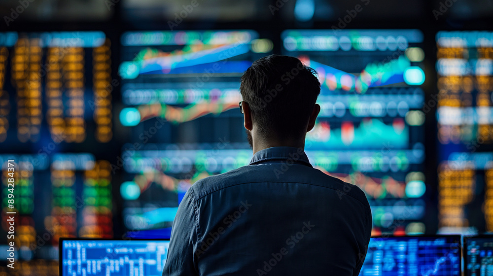 Businessman monitoring stock market data on multiple screens in a trading room. Businessman monitoring stock market data on multiple screens in a trading room.