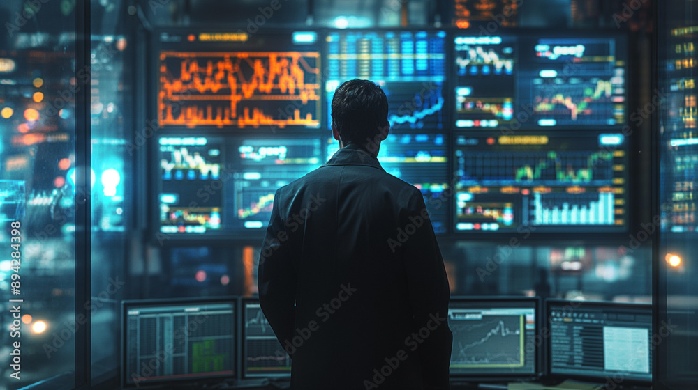 Businessman monitoring stock market data on multiple screens in a trading room. Businessman monitoring stock market data on multiple screens in a trading room.