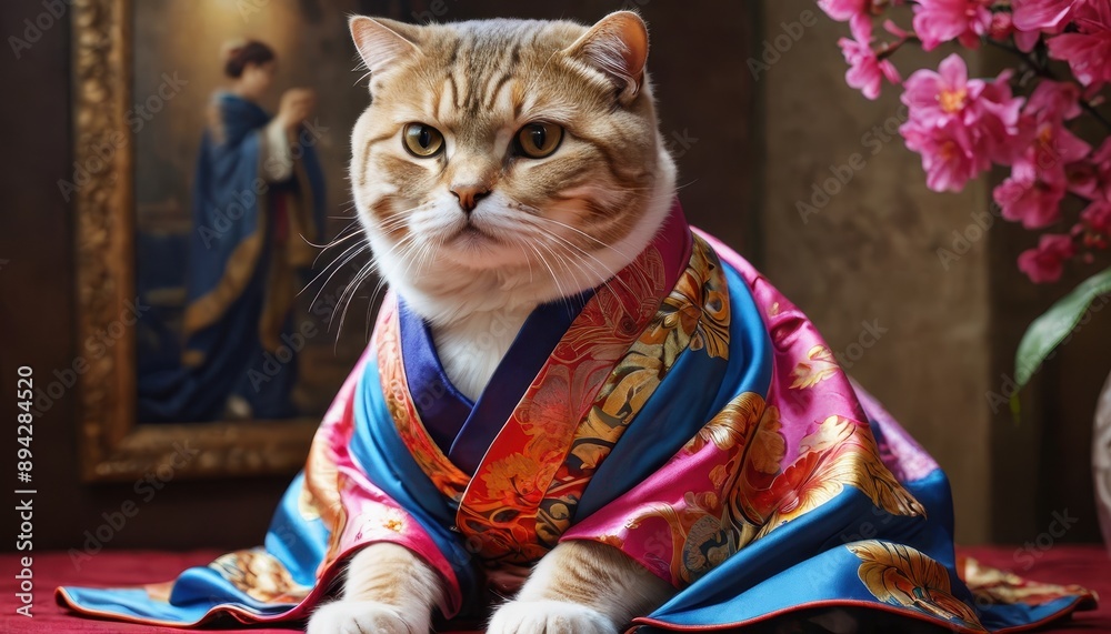 Fototapeta premium Cat Dressed in a Japanese Kimono.