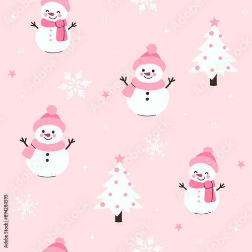Seamless pattern with cute snowmen on a pink background. Vector graphics