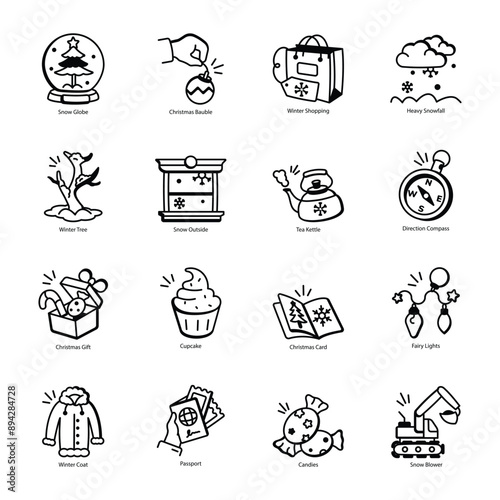 Collection of 16 Winter Doodle Icons 

