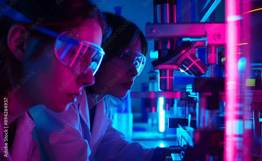 Scientists working in a high-tech lab with neon lighting. Scientists working in a high-tech lab with neon lighting.