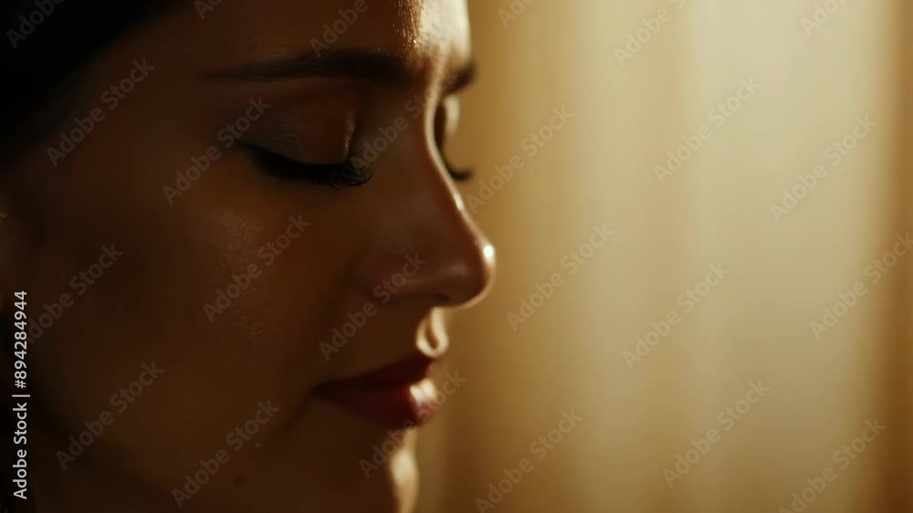 Profile of serene woman with eyes closed in warm sunlight Profile of serene woman with eyes closed in warm sunlight