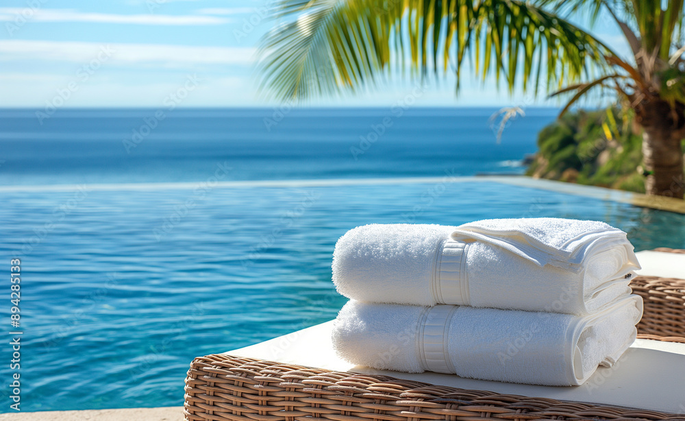 Obraz premium White towels neatly folded on a poolside lounger with a tropical ocean view.