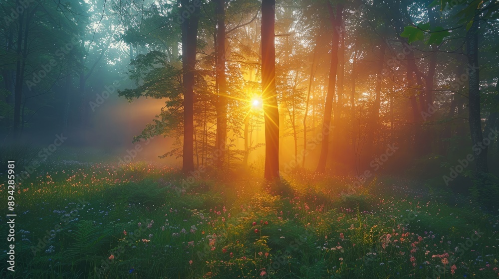 Fototapeta premium Beautiful nature at morning in the misty spring forest with sun