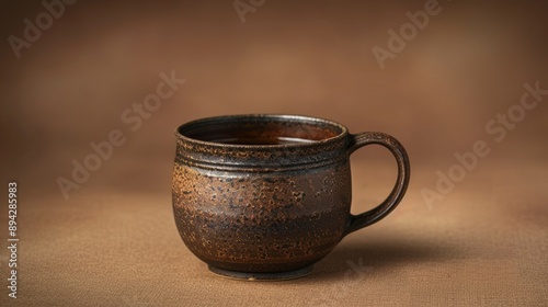 A rustic ceramic mug filled with hot tea, placed on a solid brown background, emphasizing earth tones and natural warmth