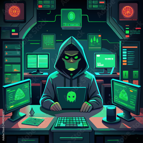 hacker in a dark room with multiple computer screens and green code