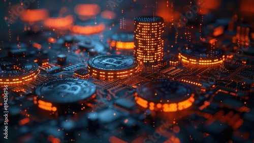 Futuristic glowing bitcoin circuit board representing digital currency technology and cryptocurrency mining. photo