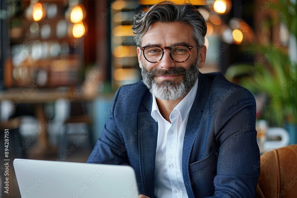 Naklejka premium Successful mature boss in office with laptop smiling investor.