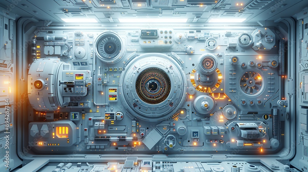 Abstract industrial composition with high-tech elements and futuristic designs symbolizing modern scientific achievements. , Minimalism, Abstract industrial composition with high-tech elements and futuristic designs symbolizing modern scientific achievements. , Minimalism,