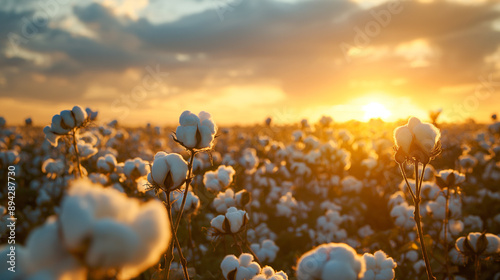 Cotton field bathed in warm sunlight at sunset.