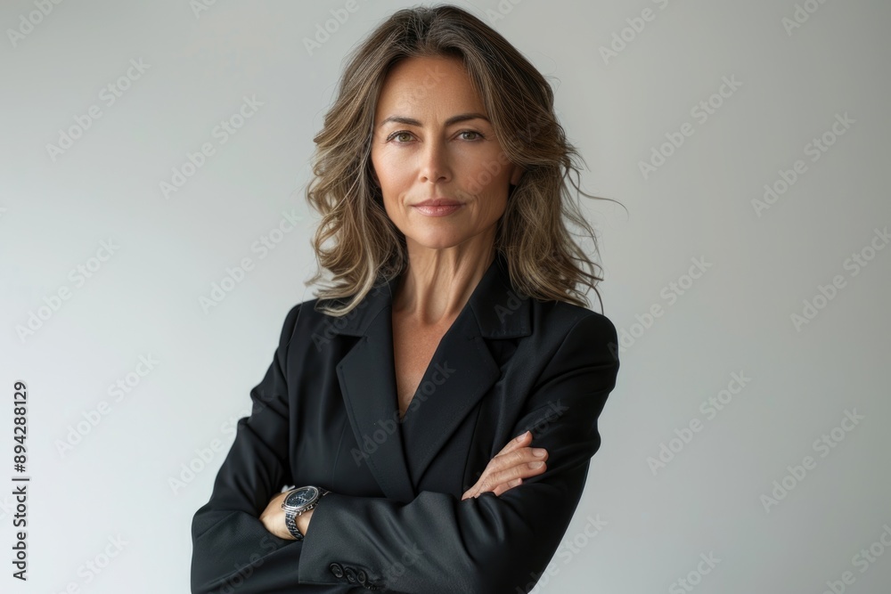 Confident middle aged female executive manager in black suit pose Confident middle aged female executive manager in black suit pose