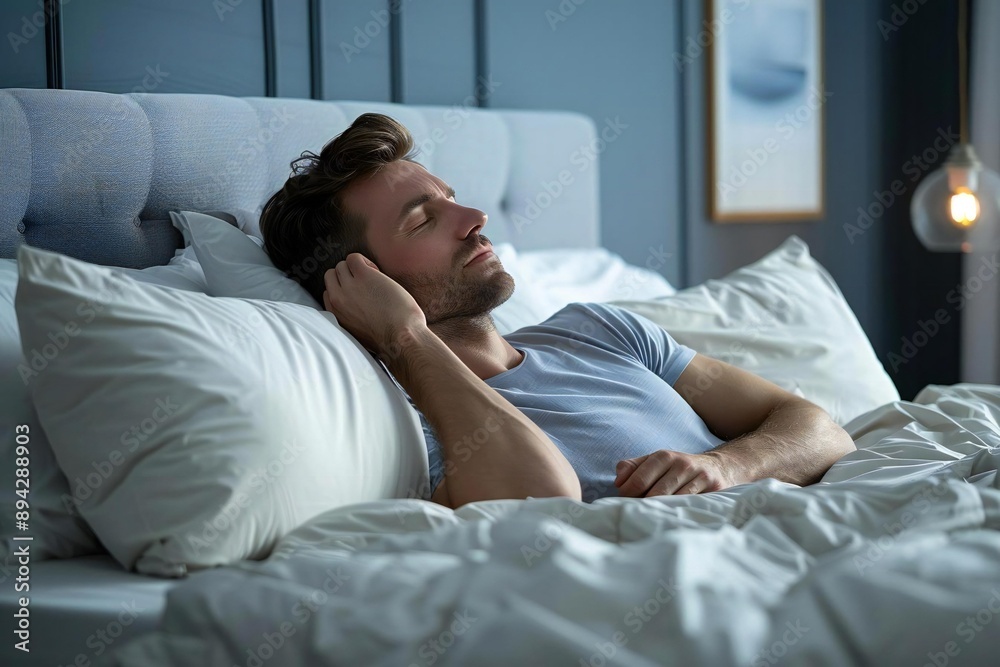 Full body photo of male Caucasian suffering from insomnia in bedroom. Full body photo of male Caucasian suffering from insomnia in bedroom.