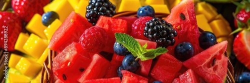 A vibrant and delicious assortment of fresh fruits, including watermelon, berries, and mango, beautifully arranged for a healthy snack. photo