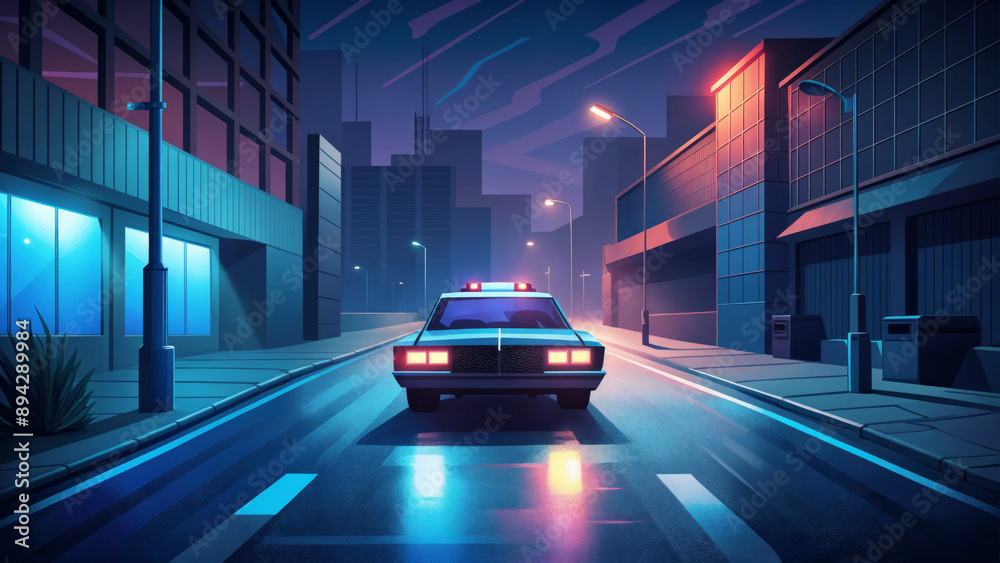 Illustration of a police car with flashing lights parked on an empty street of a night city, neon lights and shadows create a futuristic noir atmosphere Illustration of a police car with flashing lights parked on an empty street of a night city, neon lights and shadows create a futuristic noir atmosphere