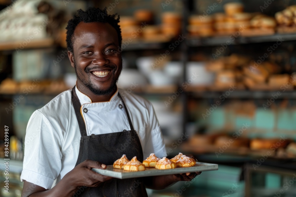 Happy black baker holding tray of pastries at bakery. Happy black baker holding tray of pastries at bakery.