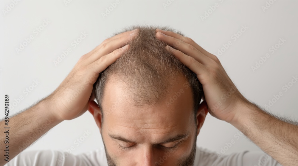 Man with thinning hair examining scalp with hands on head against a light background. Man with thinning hair examining scalp with hands on head against a light background.