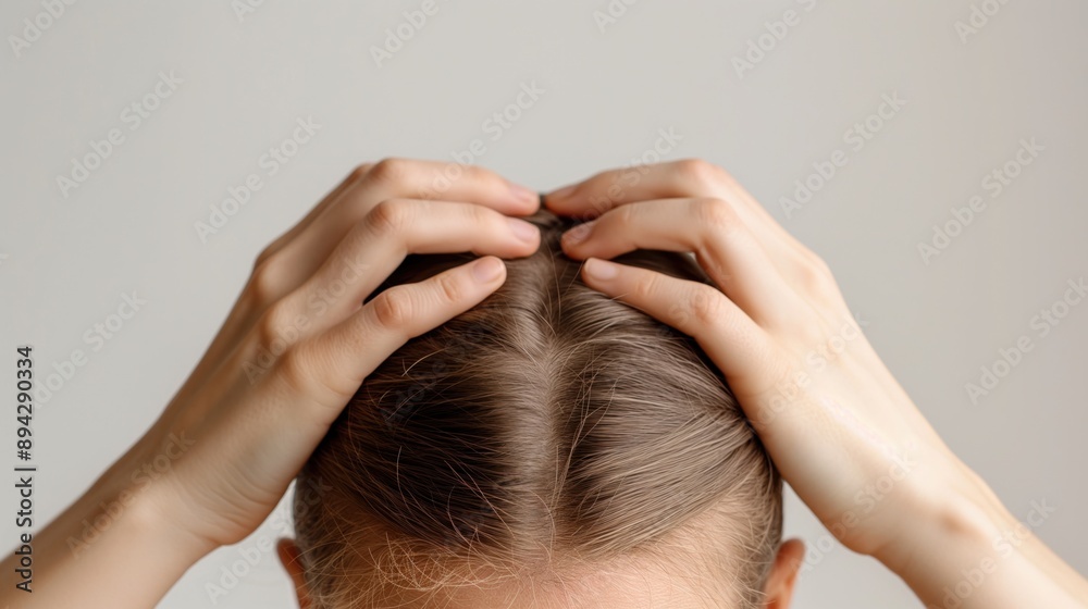 Naklejka premium Close-up of a person's hands touching the top of their head, showing hair parted in the middle and clear scalp.