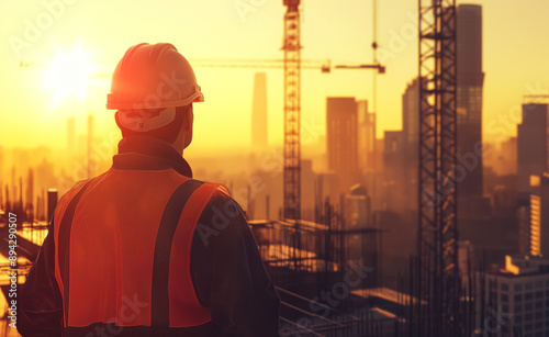 Construction worker observing a building site at sunset with a crane in the background. © Curioso.Photography