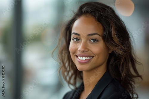 Smiling young mixed race businesswoman looking away