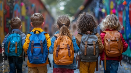 photography of back to school, group of kids with backpacks holding hands on their way to school