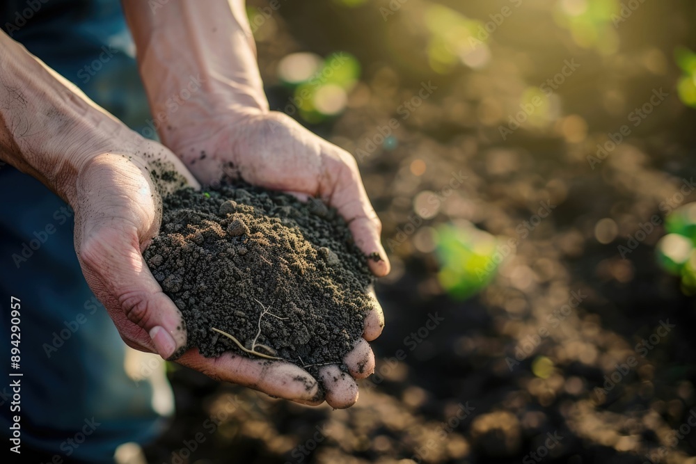 Farmer holding fertile soil in plowed field. Farmer holding fertile soil in plowed field.