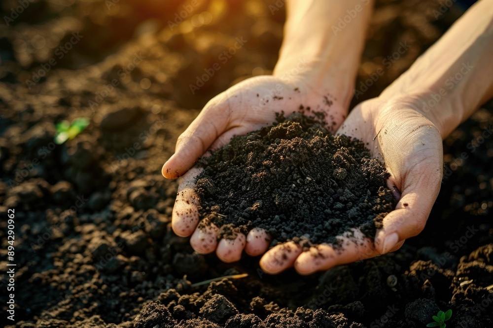 Farmer holding fertile soil in field. Farmer holding fertile soil in field.