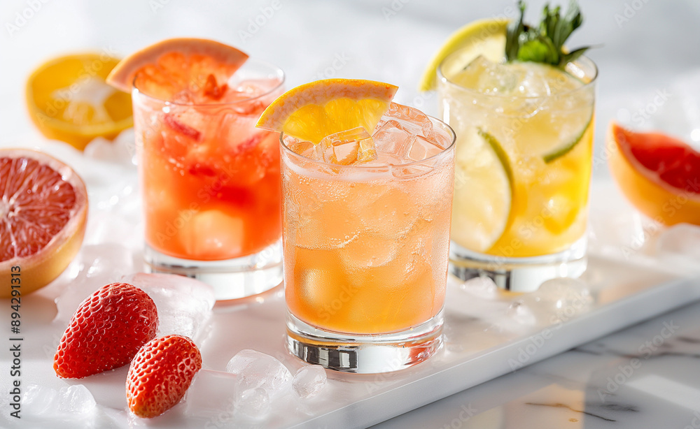 Refreshing citrus drinks with ice and fruit slices in glasses. Refreshing citrus drinks with ice and fruit slices in glasses.