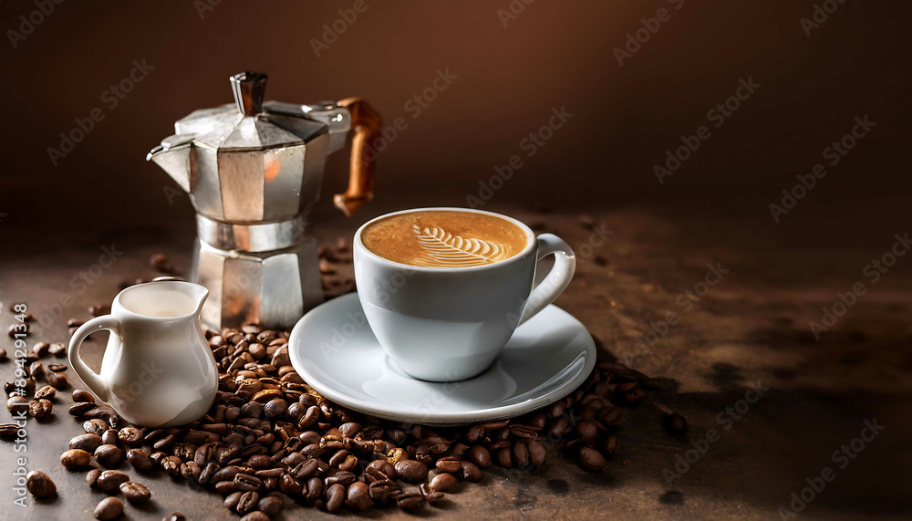 Cup of hot coffee, coffee beans and coffee brewing tools Coffee pot, moka pot, still life photography, coffee habits concept Cup of hot coffee, coffee beans and coffee brewing tools Coffee pot, moka pot, still life photography, coffee habits concept