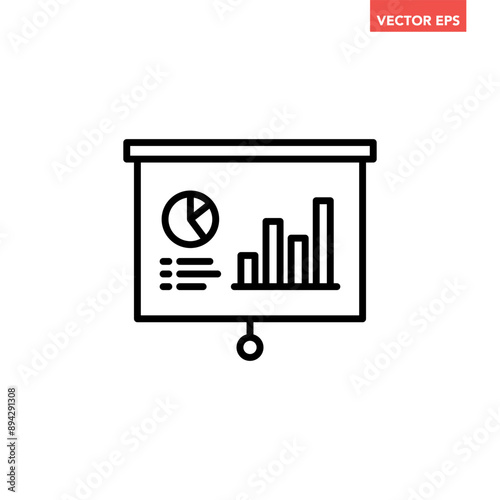 Black single presentation billboard board line icon, simple report projection screen flat design pictogram vector for app ads web banner ui ux interface element isolated on white background
