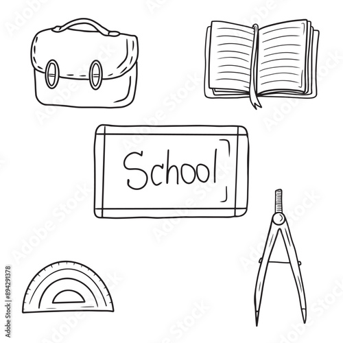 Set of school equipment: crossbody bag, opened notebook, diary, white chalk board, protractor and compass in black. Hand drawn vector sketch illustration in doodle engraved vintage line art style.