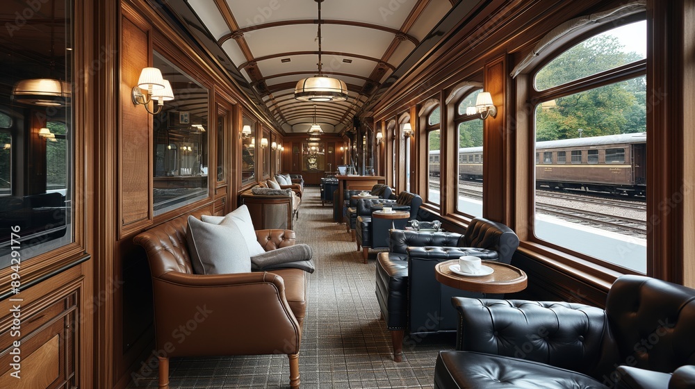 Fototapeta premium Interior view of a luxurious train carriage lounge with comfortable seating, elegant wood paneling, large windows, and classic decor.