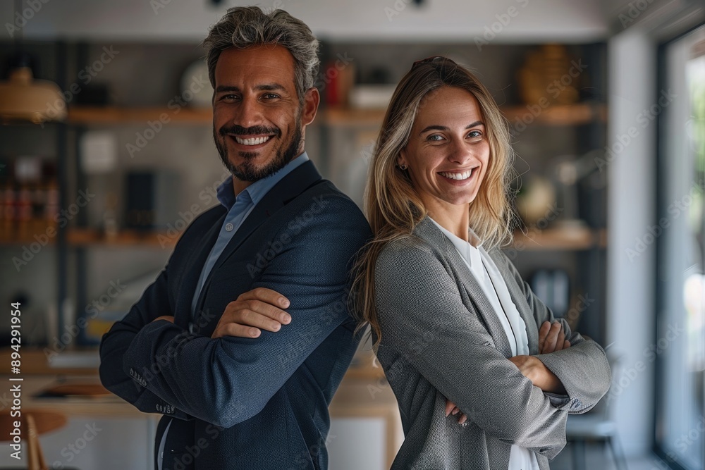 Successful businesspeople posing in modern office interior.