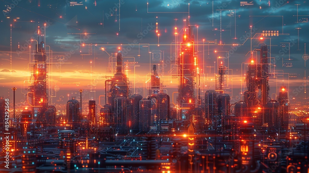 Obraz premium Abstract industrial landscape with high-tech symbols and holographic elements showcasing scientific achievements. , Minimalism,