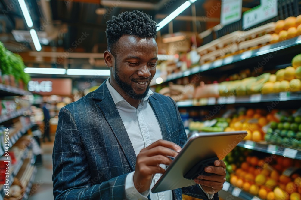 Fototapeta premium African American businessman using digital tablet in retail store.