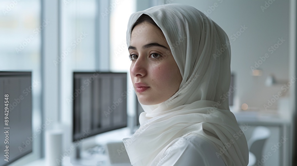 Professional mid-aged hijab woman, minimalistic white office, editing documents on several displays, side view, sitting on desk, still life photo. Professional mid-aged hijab woman, minimalistic white office, editing documents on several displays, side view, sitting on desk, still life photo.