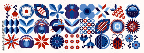 Ukrainian national style "Petrykiv painting". Floral pattern in white-blue tones. Scandinavian style. Abstract geometric agricultural illustration