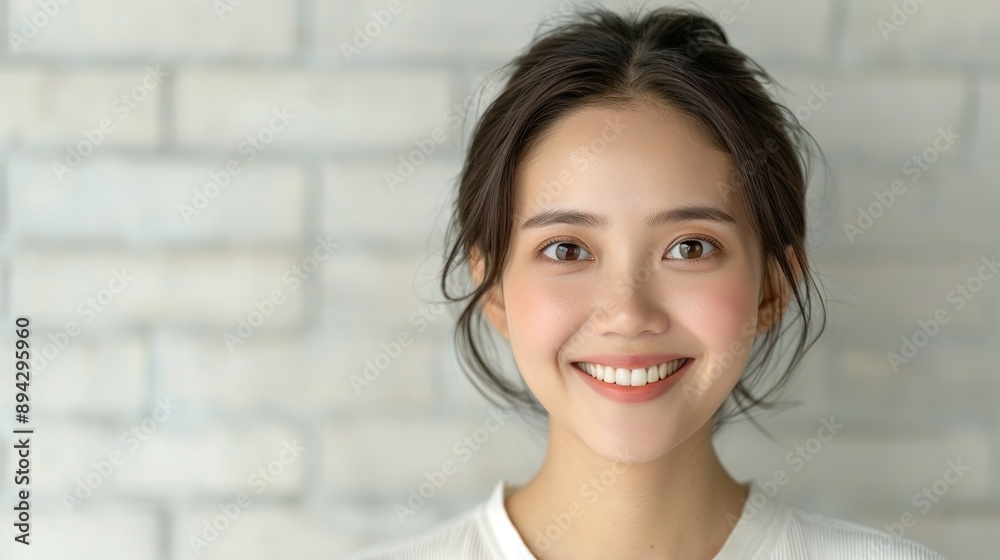 Realistic photograph of a smiling Thai woman on a plain background, showcasing her beauty and joyful expression through her radiant smile. Realistic photo, Portrait , Minimalism, Realistic photograph of a smiling Thai woman on a plain background, showcasing her beauty and joyful expression through her radiant smile. Realistic photo, Portrait , Minimalism,