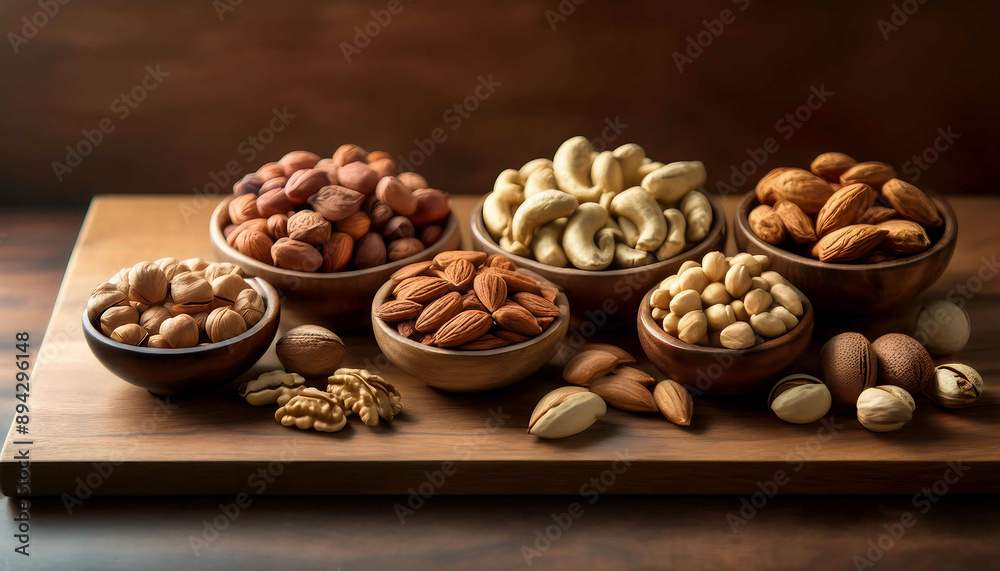 Close up of mixed nuts on wooden background Close up of mixed nuts on wooden background