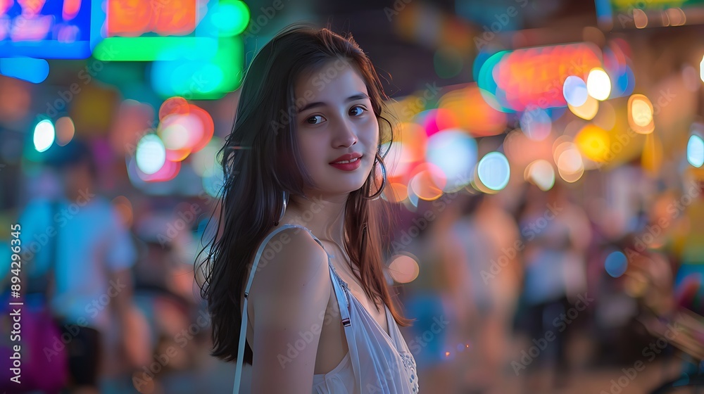 Fototapeta premium Candid Portrait of Young Woman in Vibrant City Night
