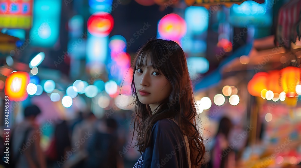Portrait Of Young Woman In Vibrant Night Market Portrait Of Young Woman In Vibrant Night Market