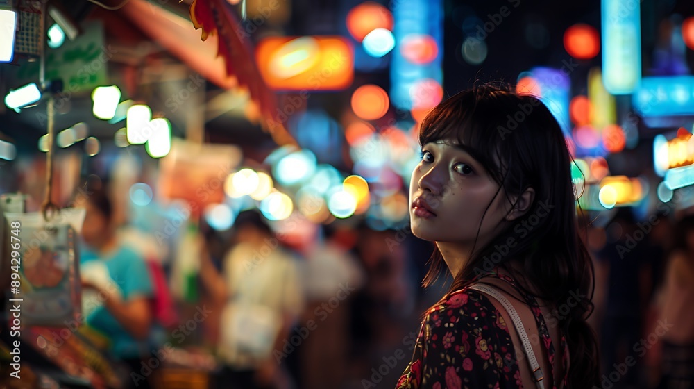 Obraz premium Young Woman in Busy Night Market with City Lights