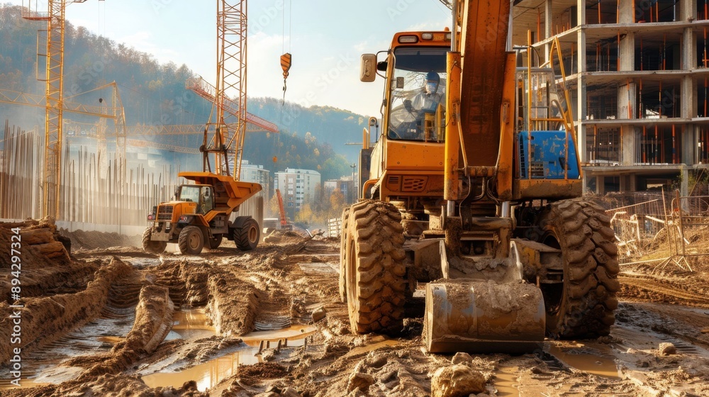 A construction site with a large yellow excavator